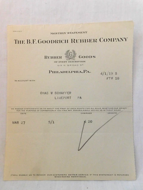 1919 Billhead Statement B.F. Goodrich Rubber CO Philadelphia