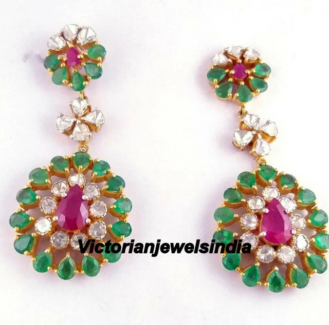 Naturel Rubis & Émeraude & Polki 925 Argent Sterling Boucles D'Oreilles