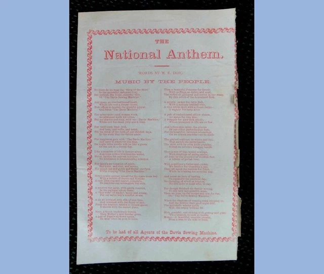 1800s antique DAVIS SEWING MACHINE broadside advertisement NATIONAL ANTHEM