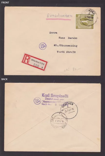 GERMANY 1947 Allied-occupied, Registered cover from Munich local Mi# 937