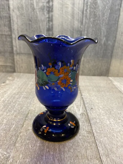 Vintage Hand Painted  Floral Cobalt Blue Glass Vase Ruffled Top 5”