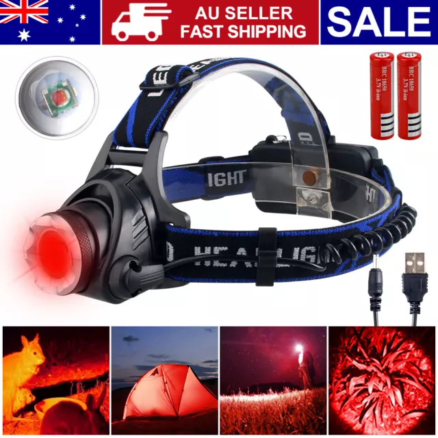 Zoomable Red LED Headlamp Rechargeable Headlight head light Torch Flashlight