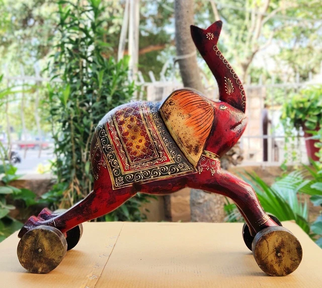 Estatua de rueda de elefante de madera, decoración de pintura en relieve...