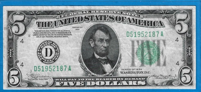 1934 $5 FRN D-Cleveland,Mule Note B/P# 1479,DB-Green Seal,Circ CH VF,Nice!