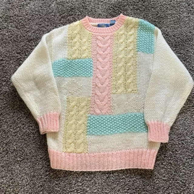 Vintage 80s Sweater Chunky Knit Pink Blue Yellow White Color Block Rafferty M