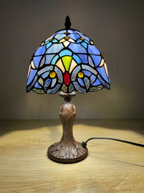 Tiffany Table Lamp 14", Leadlight Stained Glass Crystal Bead Purple Violet Crown