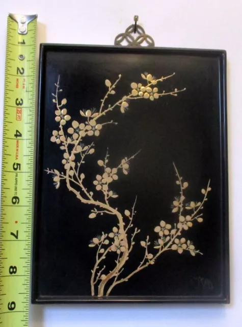 Antique  ASIAN  Black LACQUER ENAMEL Painting GOLD CHERRY BLOSSOM  Artist Signed