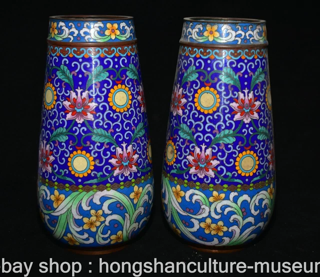 10.4" Old Chinese Bronze Cloisonne Dynasty Flower Bottle Vase Pair