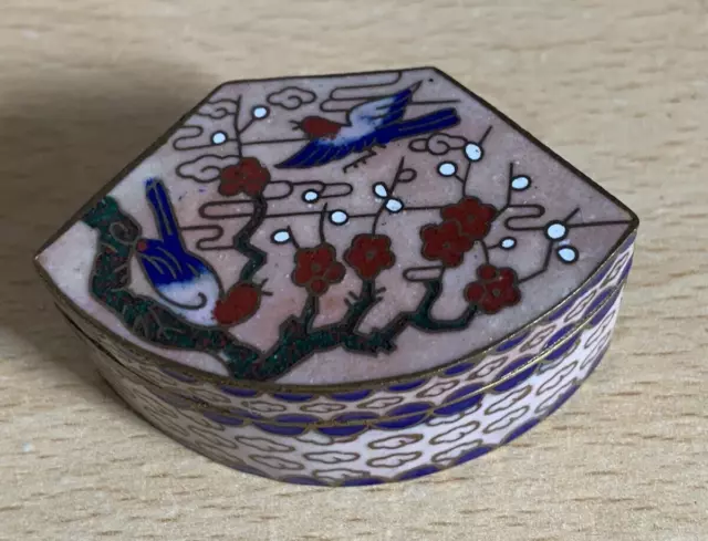 Vintage Brass And Enamel Cloisonne Pill Or Trinket Box Blue Birds Phoenix