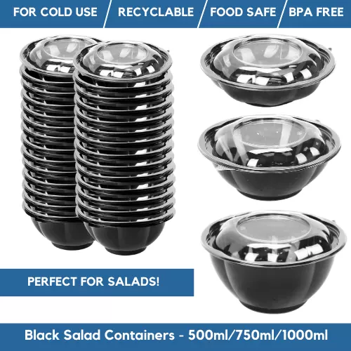 Plastic Salad Bowls Disposable & Reusable Black Takeaway Salad Bowl & Clear Lids