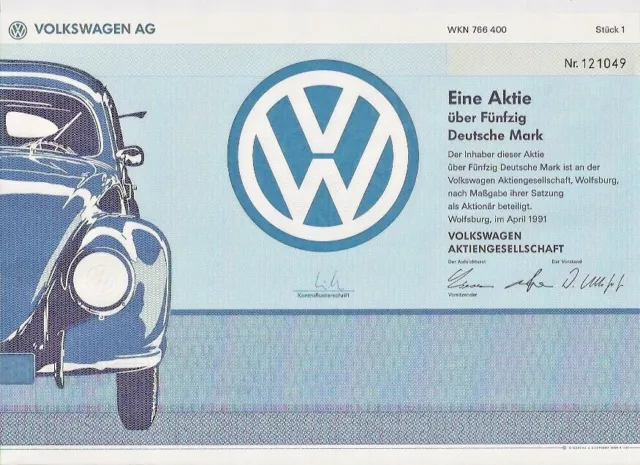 Volkswagen AG Wolfsburg histor. DM Aktie 1991 VW Käfer Emden Kassel Braunschweig