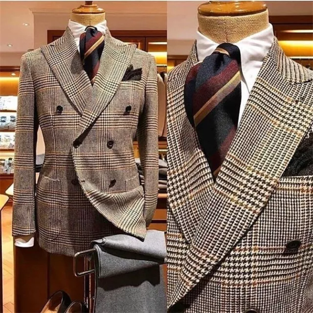 Houndstooth Men Suits Wide Peak Lapel Jacket 2 Pcs Double Breasted Coat Business 2