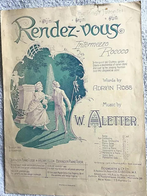 Rendez-Vous. Intermezzo Rococo. 1903 Vintage Piano Sheet Music By W Aletter.