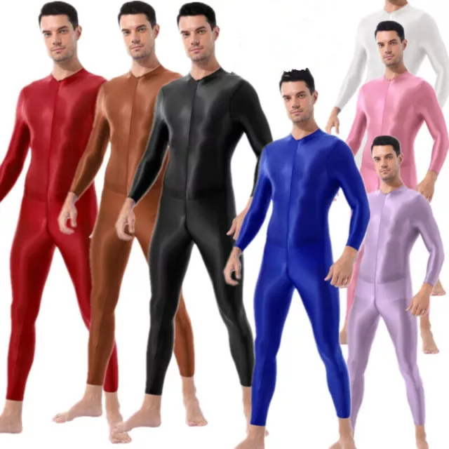 Mens Smooth Bodysuit Full Body Jumpsuit One-piece Oil Glossy Zipper Leotard