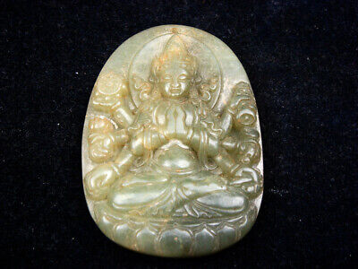 Old Nephrite Jade Stone Carved Pendant w/ 8 Arms Kwan-Yin Buddha Lotus #07152218