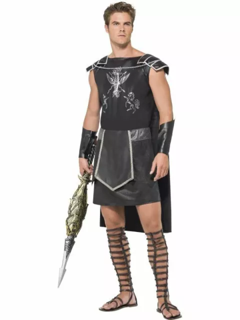 Mens Dark Gladiator Costume Roman Greek Warrior Tunic Cape Fancy Dress Outfit