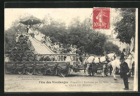 CPA Bordeaux, Fête des Vendanges, Le Petite Gironde, Char du Medoc 1909