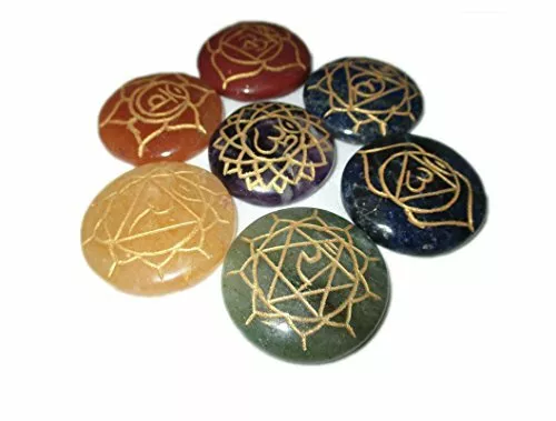 Powerful Sanskrit Engraved Round Stone Chakra Jet 7 Stone Games