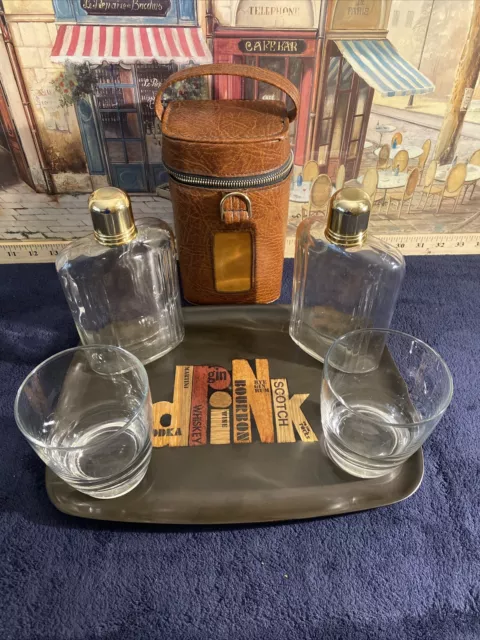 Vintage Mid Century Travel Bar Portable Set Tray Flask Glasses Whiskey Bourbon