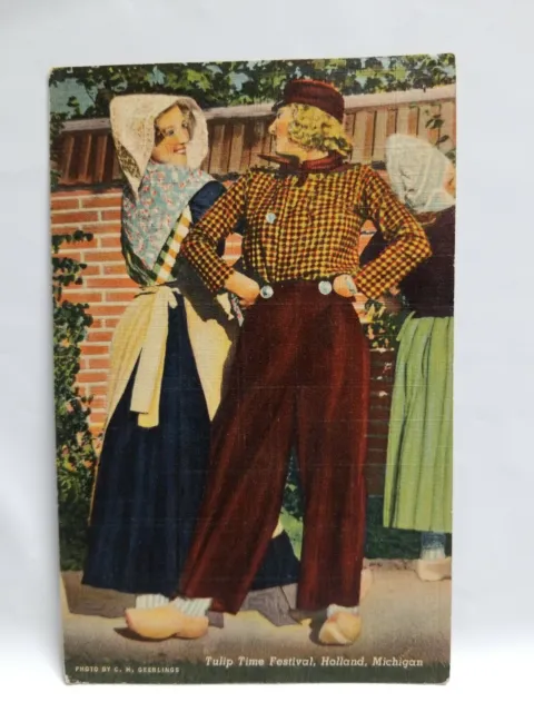 Vintage 1944 Tulip Time Festival Holland MI Michigan Postcard Ladies Women Clogs