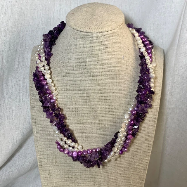 Sterling Silver Five Strand Pearl & Amethyst Necklace 17-20" Adjustable Length Sterling Silver Five Strand Pearl & Amethyst Necklace 17-20" Adjustable Length