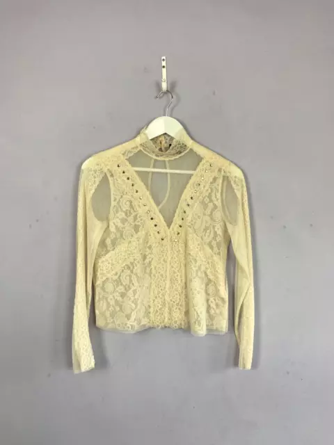 TOPSHOP Lace Top Blouse, Cream, Studded, Semi Sheer, Victorian, Rave, Y2K