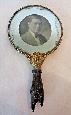 Vintage Victorian Hand Held Mirror Faux Antler Handle Photo Man Bowtie Ornate