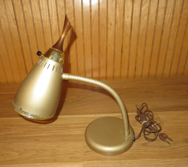 Mid Century Modern Goose Neck Lamp w/ Teak Finial Beautiful Detailed Desk Lamp 2