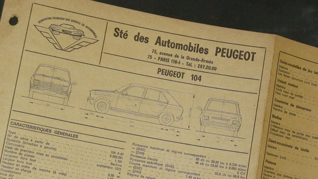 NEW !! Fiche Technique Expert Automobile : Sté PEUGEOT : Peugeot 104 Berline 4 P