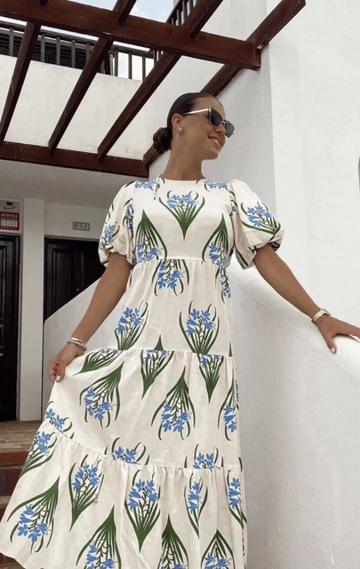 knee length dresses for ladies ZARA. Linen dress with printed openings. T XS – Hibuy market main image 0