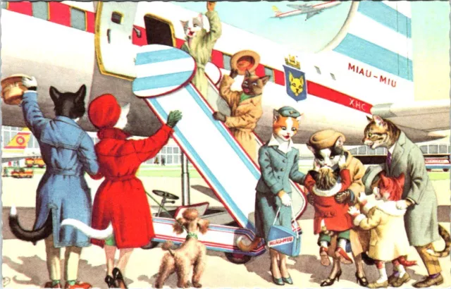 DRESSED ANIMALS, Cats Getting on a AIRPLANE Postcard - Alfred Mainzer