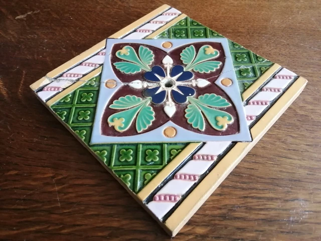 Original Minton & Co 6 inch Victorian enamelled majolica tile designed by Pugin