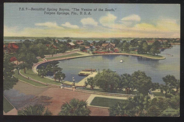 Postcard TARPON SPRINGS FL Local Area Bayou Circle Bird's Eye Aerial view 1930's