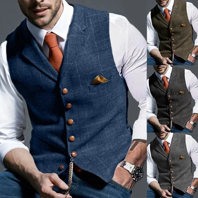 Uomo Tweed Gilet Verde Dentellato Bavero Plaid Vintage Gilet Pesce Taglie Forti