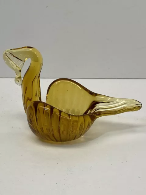 Vintage Glass Amber Swan Hand Made - Nut Trinket Candy Dish - 4 inch 3
