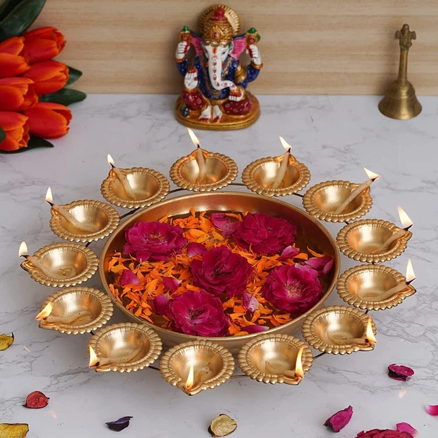 Diya Shape Flower Decorative Urli Bowl For Home Decor Handcrafted Bowl 14 Inch