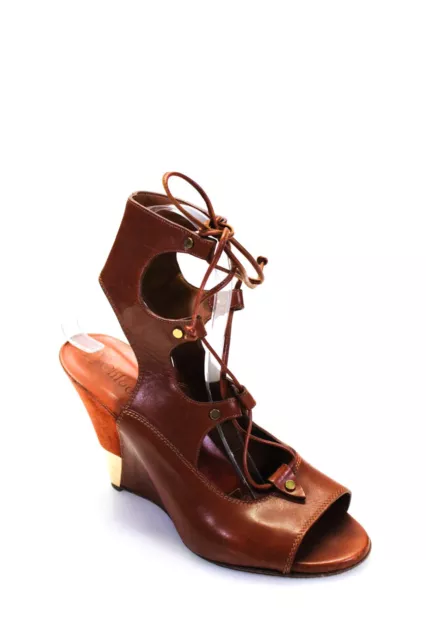 Chloe Womens Wedge Heel Lace Up Strappy Sandals Brown Leather Size 38.5