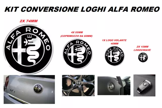 Kit Fregio Stemmi Loghi Alfa Romeo 147 156 159 166 Mito Giulietta Nero Silver