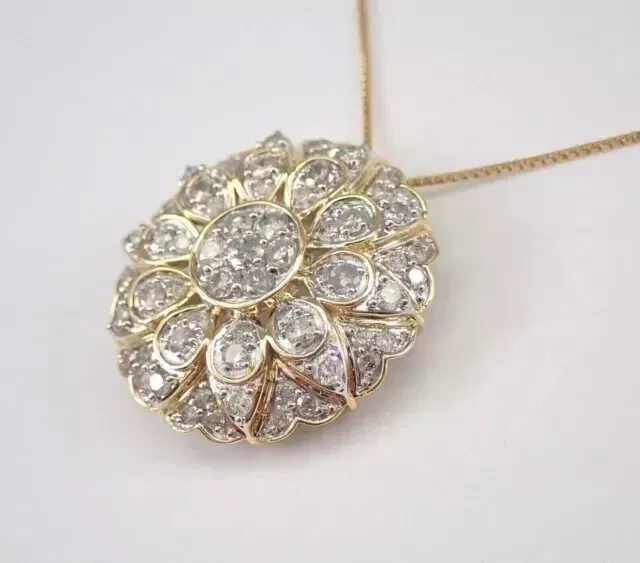 2.20Ct Round Cut Real Moissanite Cluster Flower Pendant 14K Yellow Gold Plated