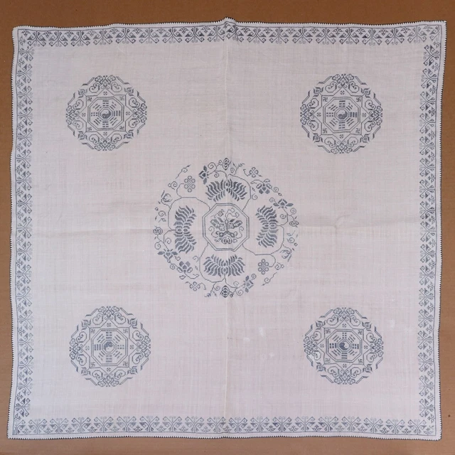 Antique Chinese Hand Embroidered Buddhist Symbols Bagua Yin Yang Tablecloth 34¾"