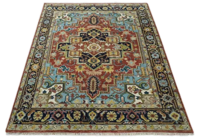 Red and Blue Traditional Heriz Serapi Hand Knotted wool area rug | CP114