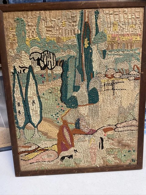 Large Antique 1800s Folk Art Embroidery Pictorial Needlepoint Sampler With Issue