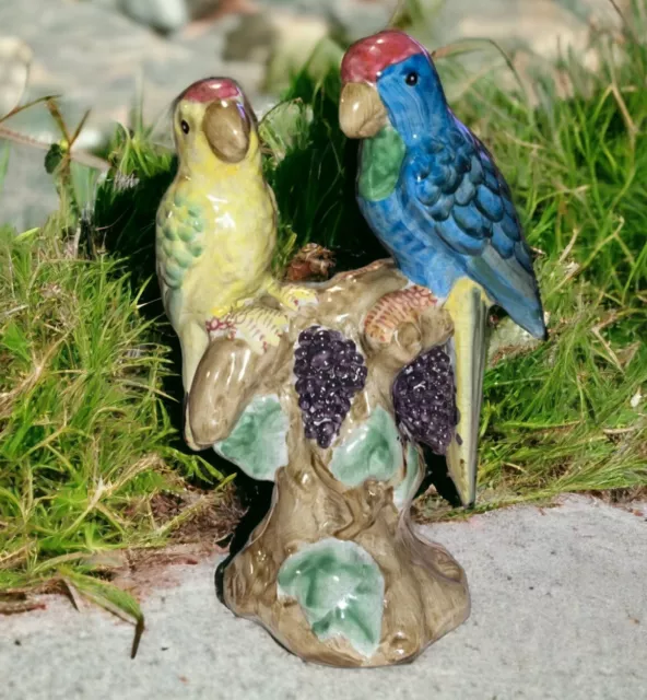 Majolica  Two Parrot Figurine 9 1/2 Inches Height Vintage Jewel Tone