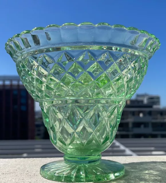 Vintage Diamond Pattern Green Depression glass vase & Flower frog