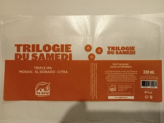 Etiquette de Bière : TRILOGIE du SAMEDI- 90 BPM Brewing - 21 France