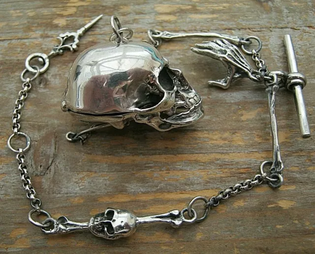 Memento Mori Solid Silver Skull & Bones Vesta Case Watch Case Albert Watch Chain