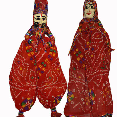 Rajasthani Ethnic Wooden Puppet Dolls Pair Face String Kathputli Handmade Item 3