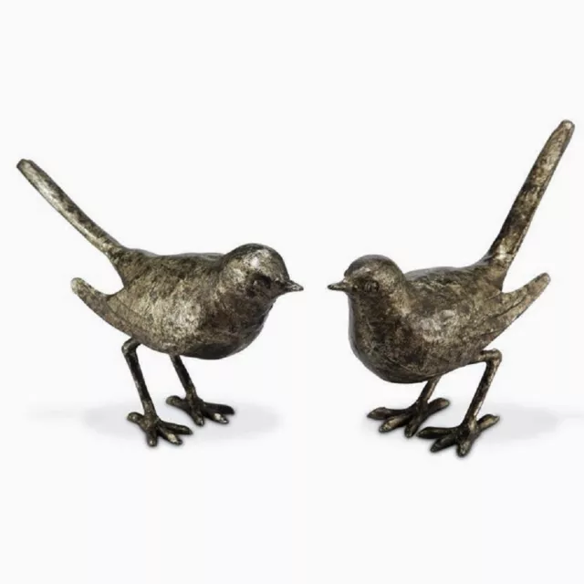 Cast Iron Bird Pair Bronze Patina Statue Metal Figurine Birds 7.5"L ~ Set Of 2