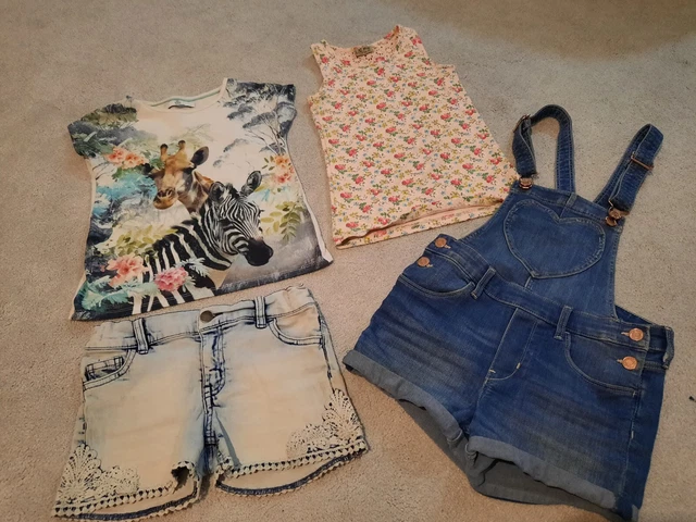 Girls Bundle Zebra Giraffe M&S top, Heart Dungarees, Denim Shorts age 7-8-9 year