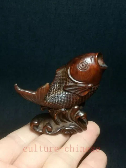 Japanese boxwood hand carved Fish Figure statue old Decoration collectable gift